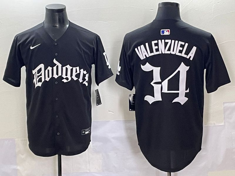 Men 2025 Los Angeles Dodgers #34 Valenzuela Black Seventh generation Joint Name Nike MLB Jersey style 1